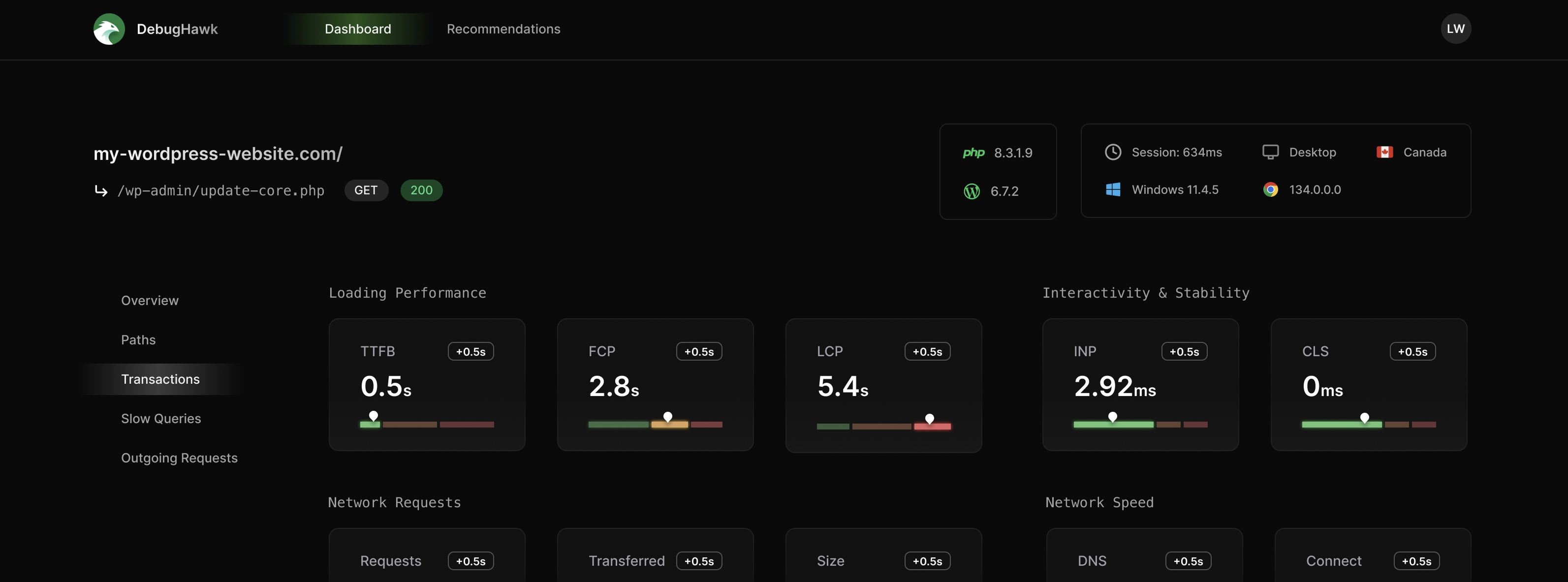 DebugHawk transaction view showing front-end performance metrics